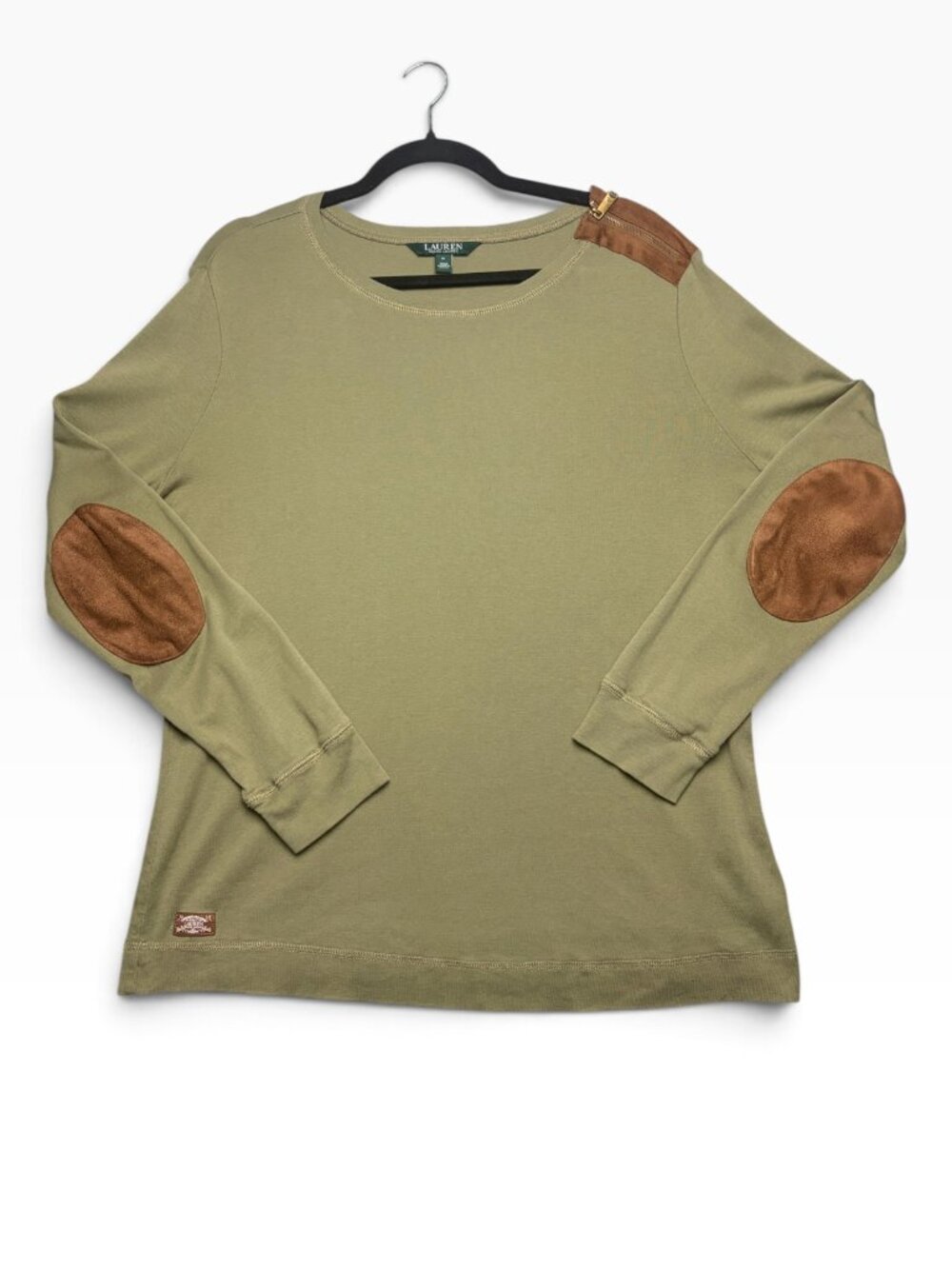 Lauren Ralph Lauren Size 1x Olive Green Long Sleeve Top Suede Elbow Patches